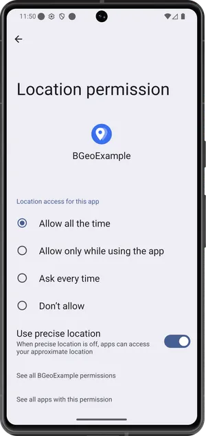 The Android per-app Location permission settings screen with 'Allow all the time' selected and the 'Use precise location' toggle on.