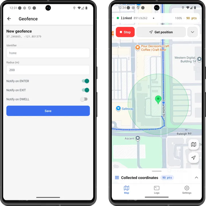 Android: the same New geofence form and the saved geofence drawn as a circle on the map alongside the tracked route.
