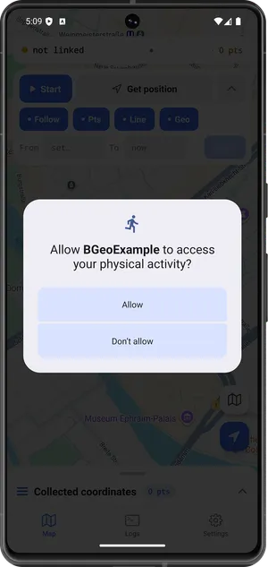 The Android physical-activity permission dialog: 'Allow BGeoExample to access your physical activity?' with Allow and Don't allow.
