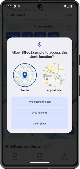 The Android location-permission dialog with the Precise / Approximate accuracy choice above While using the app, Only this time, and Don't allow.