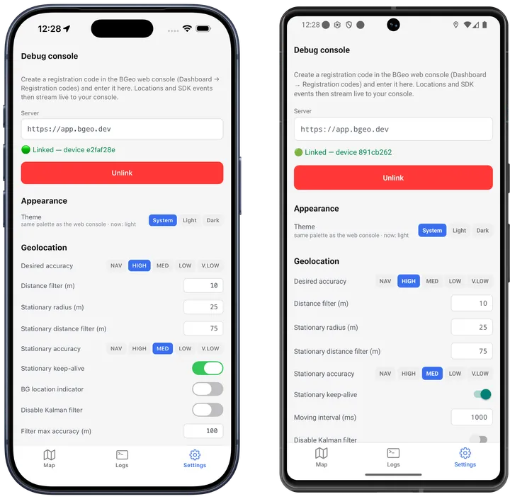 The example app's Settings screen on iOS and Android: the Debug console linking panel, the Appearance theme picker, and the Geolocation config section with desired accuracy, distance filter, stationary radius, and keep-alive controls.