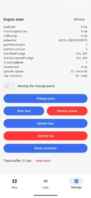 The engine panel at the bottom of the Settings tab: getState() health fields (enabled, trackingActive, isMoving, odometer, geofenceCount, authorization, fix ages, tracking mode, connectivity), the upload-queue and log-history counters, and the action buttons.