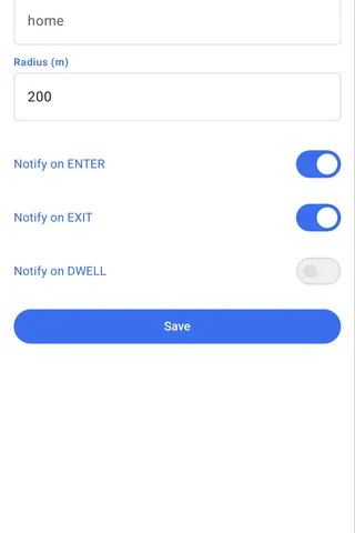 The Android example app's New geofence form, opened by long-pressing the map: the pressed coordinates, an identifier field, a radius field defaulting to 200 m, and the notify-on ENTER, EXIT and DWELL switches above Save.