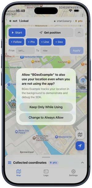 The iOS Always-authorization upgrade prompt: 'Allow BGeoExample to also use your location even when you are not using the app?' with Keep Only While Using and Change to Always Allow.