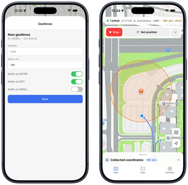 iOS: the example app's New geofence form pre-filled with the long-pressed coordinates (identifier, radius, notify on ENTER/EXIT/DWELL switches, Save), and the resulting geofence drawn on the map as a circle around the pin.