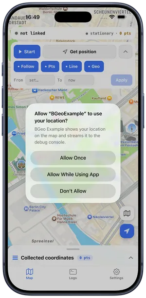 The iOS location-authorization prompt in the example app, offering Allow Once, Allow While Using App, and Don't Allow.