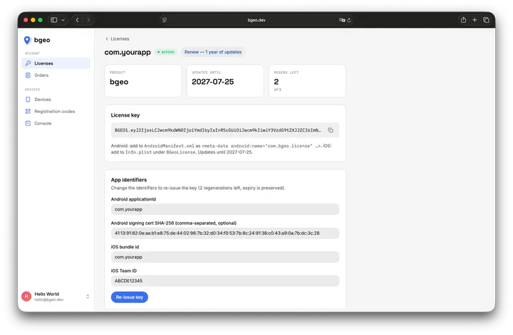 The bgeo.dev dashboard's license page for an app: the updates-until date, regenerations left, the license key with a copy button, the renew action, and the app-identifier fields with a Re-issue key button.