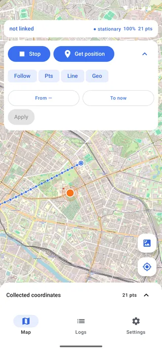 The Android example app's Map tab: a live track drawn as a blue polyline with breadcrumb dots, a geofence drawn as an orange circle, the status row showing link state, motion state, battery and point count, and the control card with Stop, Get position, layer toggles and the from/to range picker.