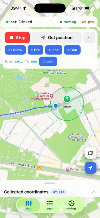 The iOS example app's Map tab: a live track drawn as a blue polyline with breadcrumb dots, a geofence circle labelled office around the destination, the status row showing link state, motion state and point count, and the control card with Stop, Get position and layer toggles.