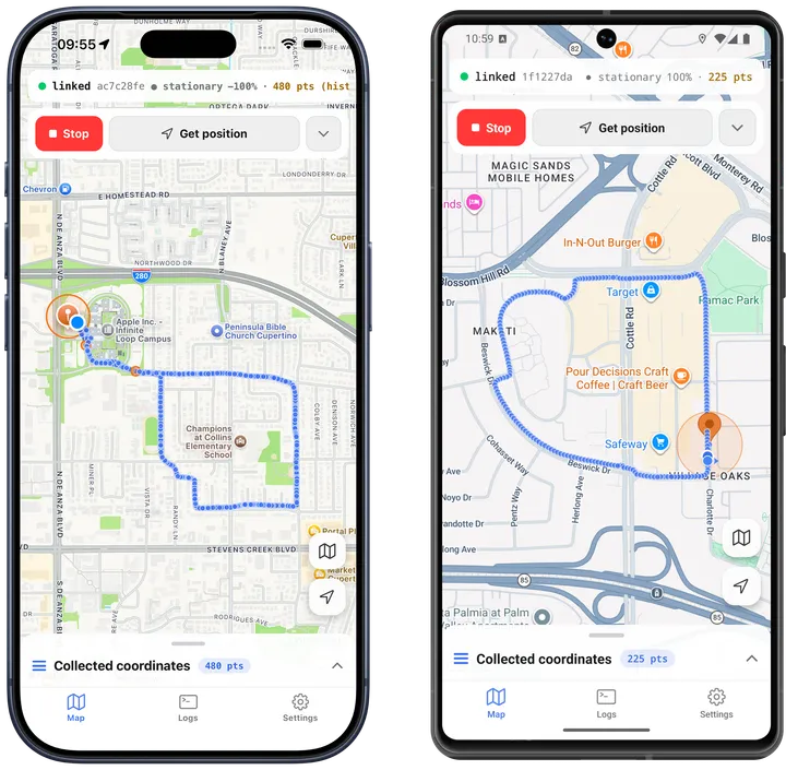 The example app's map screen on iOS and Android, each showing a tracked route recorded during a walk, the status chip, and the collected-coordinates count.