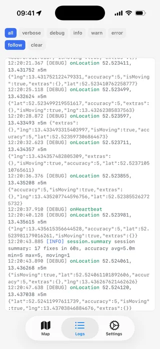The iOS example app's Logs tab during a tracking run: onLocation rows with coordinates and accuracy, an onHeartbeat row, and a session.summary line reporting fixes and average accuracy, above the level filter chips.