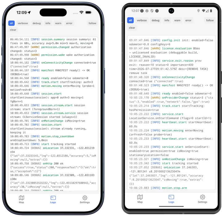 The example app's Logs tab on iOS and Android, showing a run of tracking log lines: track.start, motion.moving, onLocation with coordinates, and onHttp 200 responses.
