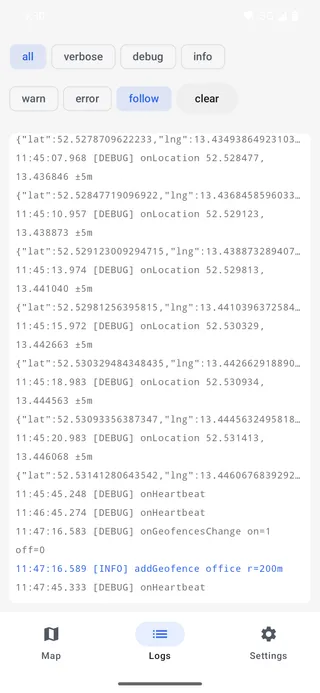 The Android example app's Logs tab during a tracking run: onLocation rows with coordinates and accuracy, onHeartbeat rows, an onGeofencesChange row and an addGeofence line, above the level filter chips.