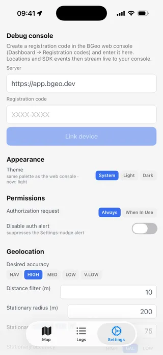 The iOS example app's Settings tab: the debug-console link form, the theme picker, the authorization-request selector, and the geolocation config keys with inline controls.