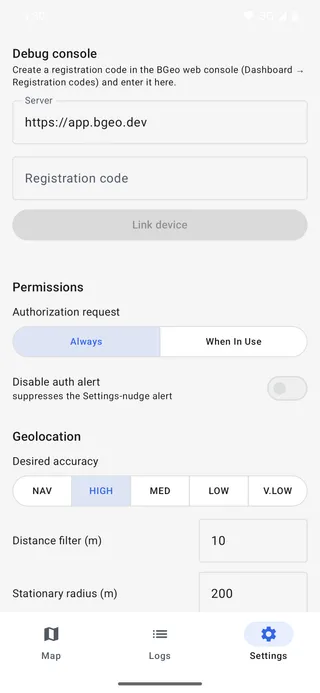 The Android example app's Settings tab: the debug-console link form, the authorization-request selector, and the geolocation config keys with inline controls.