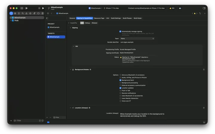 Xcode's Signing & Capabilities tab for the example app target, with the Background Modes capability added and 'Location updates' checked, plus a Location (Always) usage description below it.
