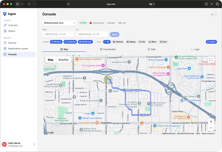 The web console's Map tab: the device picker with a LIVE badge, the From/To range picker, the Layers (Markers, Polylines, Geofences) and Level toggle rows, the Follow button, and a live tracked route with the current-position marker.