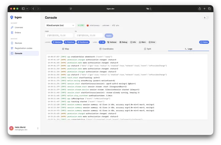 The web console's Logs tab streaming a linked device's log rows live, with the level filter row (All, Verbose, Debug, Info, Warn, Error) and the Follow toggle above it.